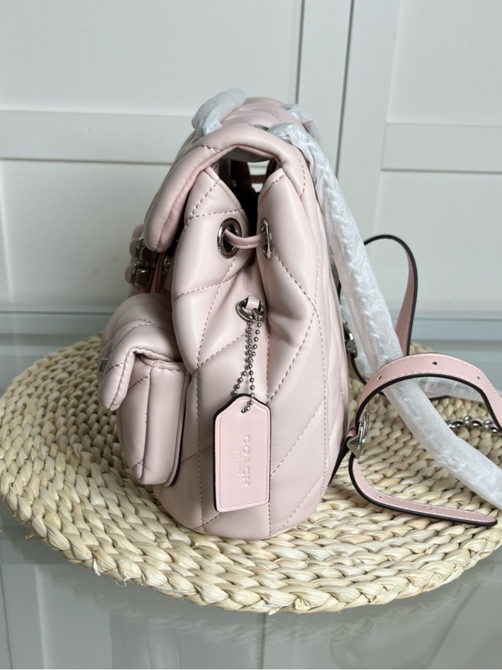 Coach Quilted Pale Pink Leather Backpack with Front Pockets - Picture 2 of 10
